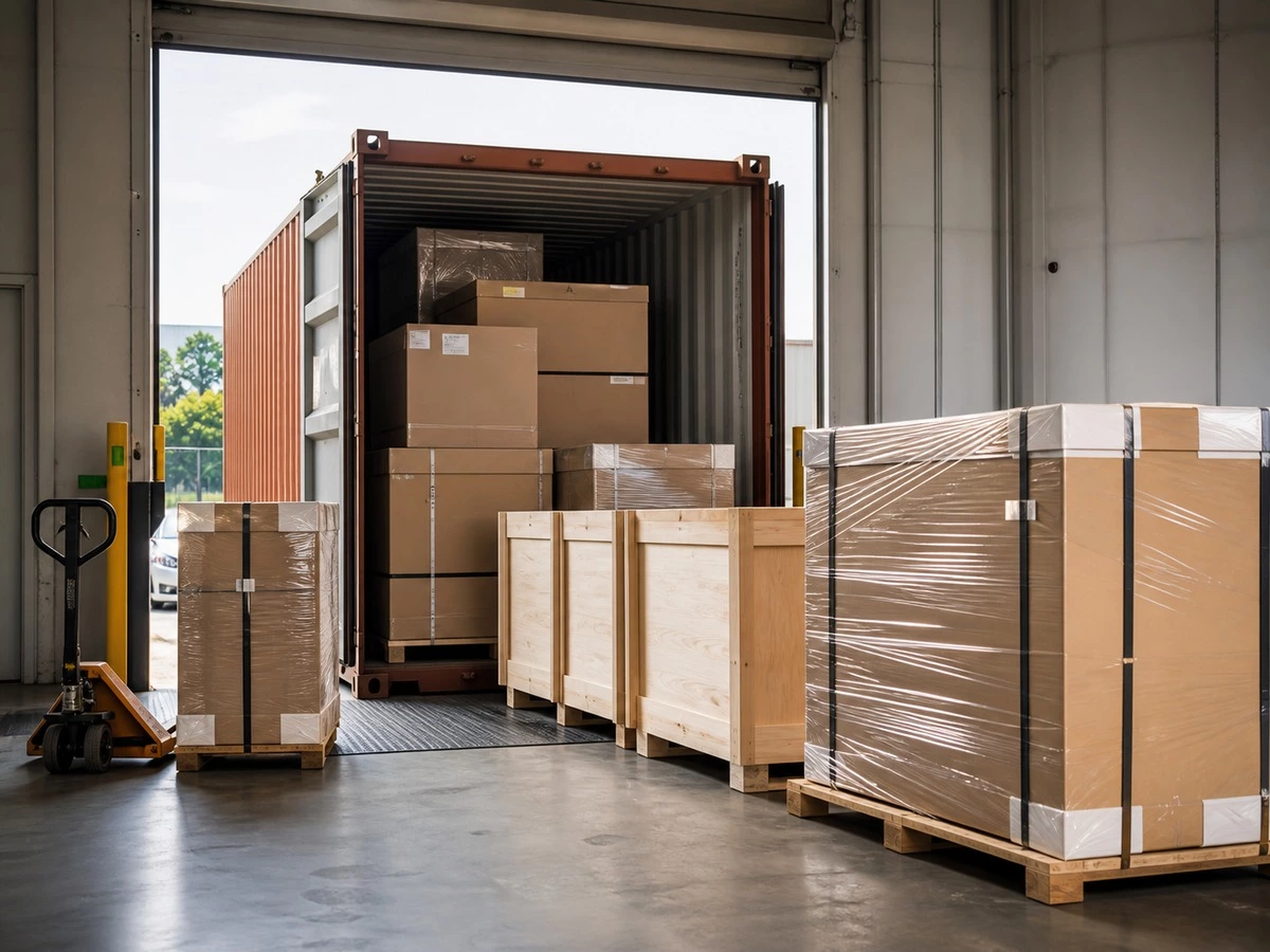 Cabinetry container loading preparation with protected cabinet cartons wooden crates and warehouse handoff area