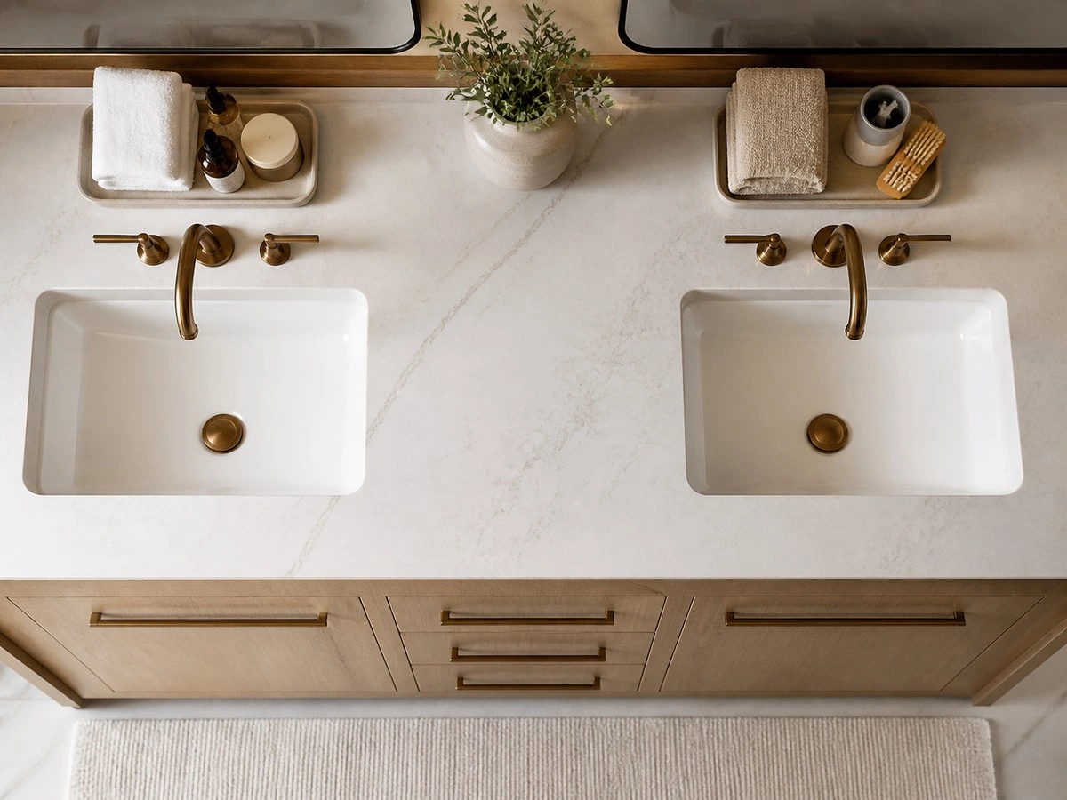 Double vanity countertop working zones for two users and shared storage