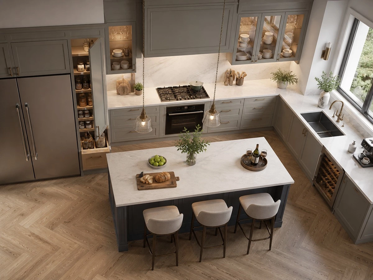European kitchen work zone planning for storage preparation cooking and cleaning