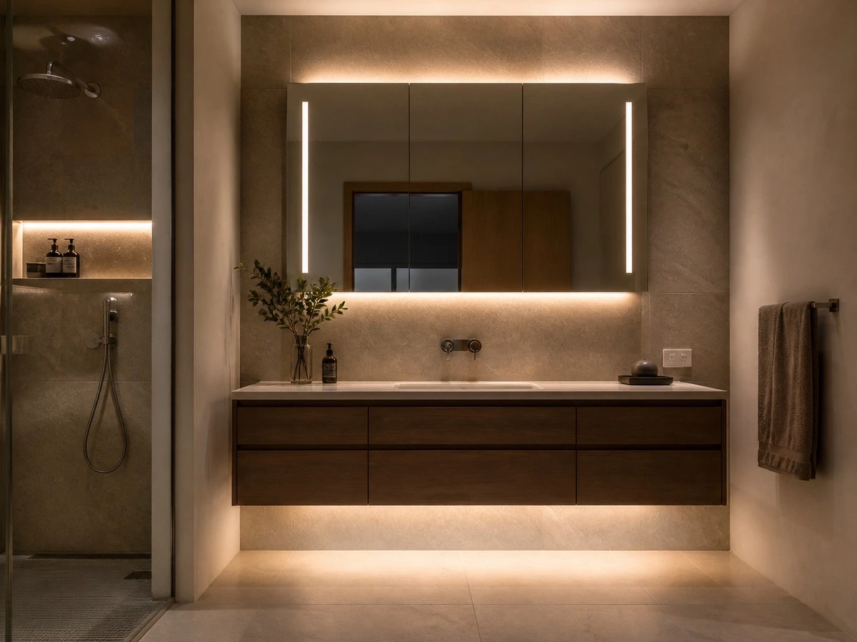 Floating vanity mirror lighting under cabinet LED and power outlet planning