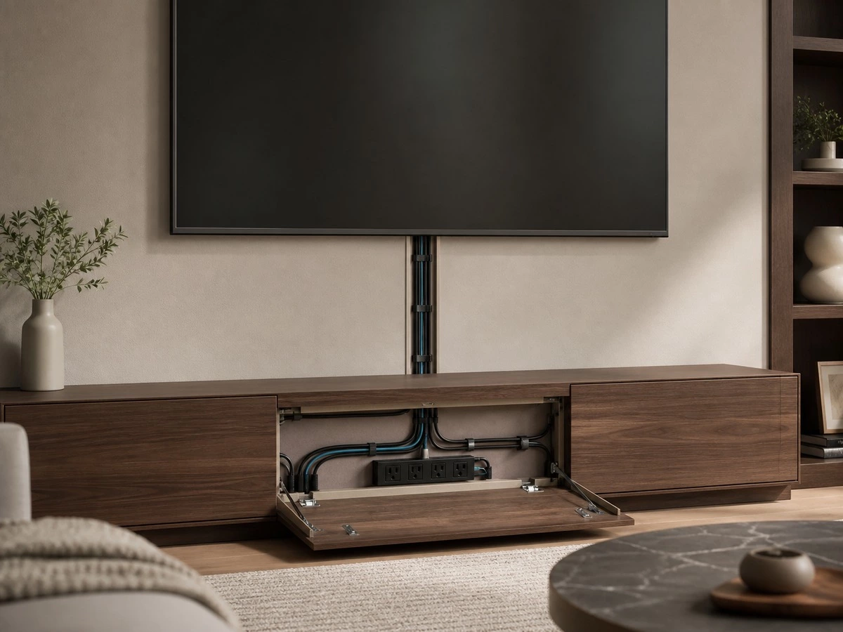 TV wall cable routing from screen to lower cabinet with conduit and access panel