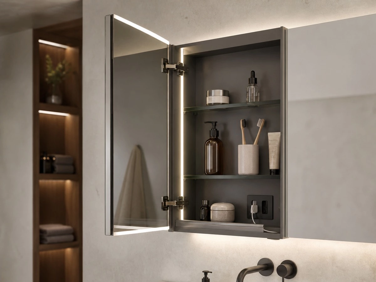 Bathroom mirror cabinet clearance with lighting internal storage and power access