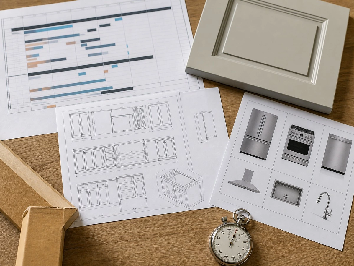 Builder cabinetry timeline risk checklist with approved drawing material board appliance schedule and packing review
