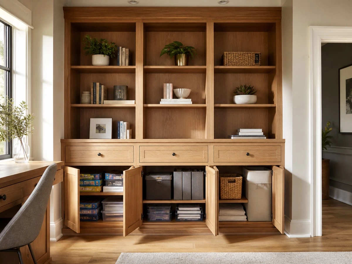 Built in bookcase with lower cabinet drawers and concealed storage