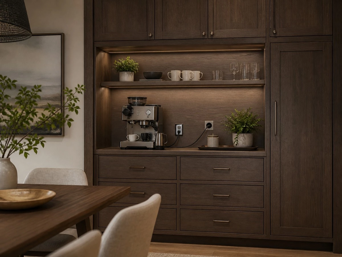 Built in sideboard coffee station with appliance niche power access and storage