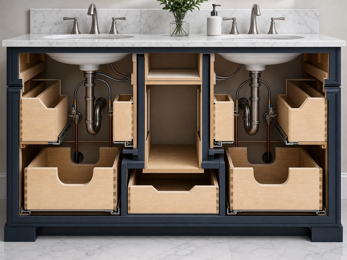 Double vanity drawer plumbing layout with U-shaped drawers around two traps