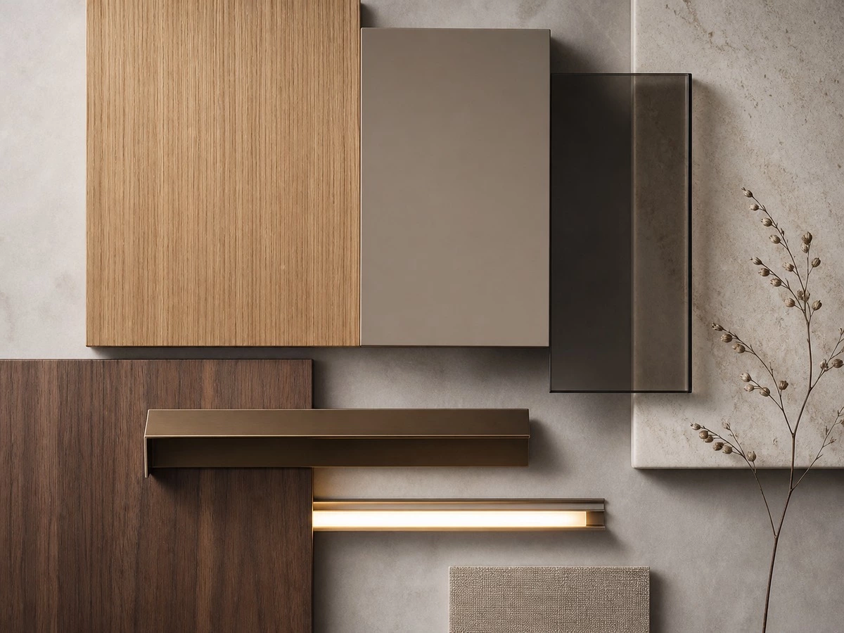 European style kitchen cabinet material palette with wood lacquer glass metal and stone