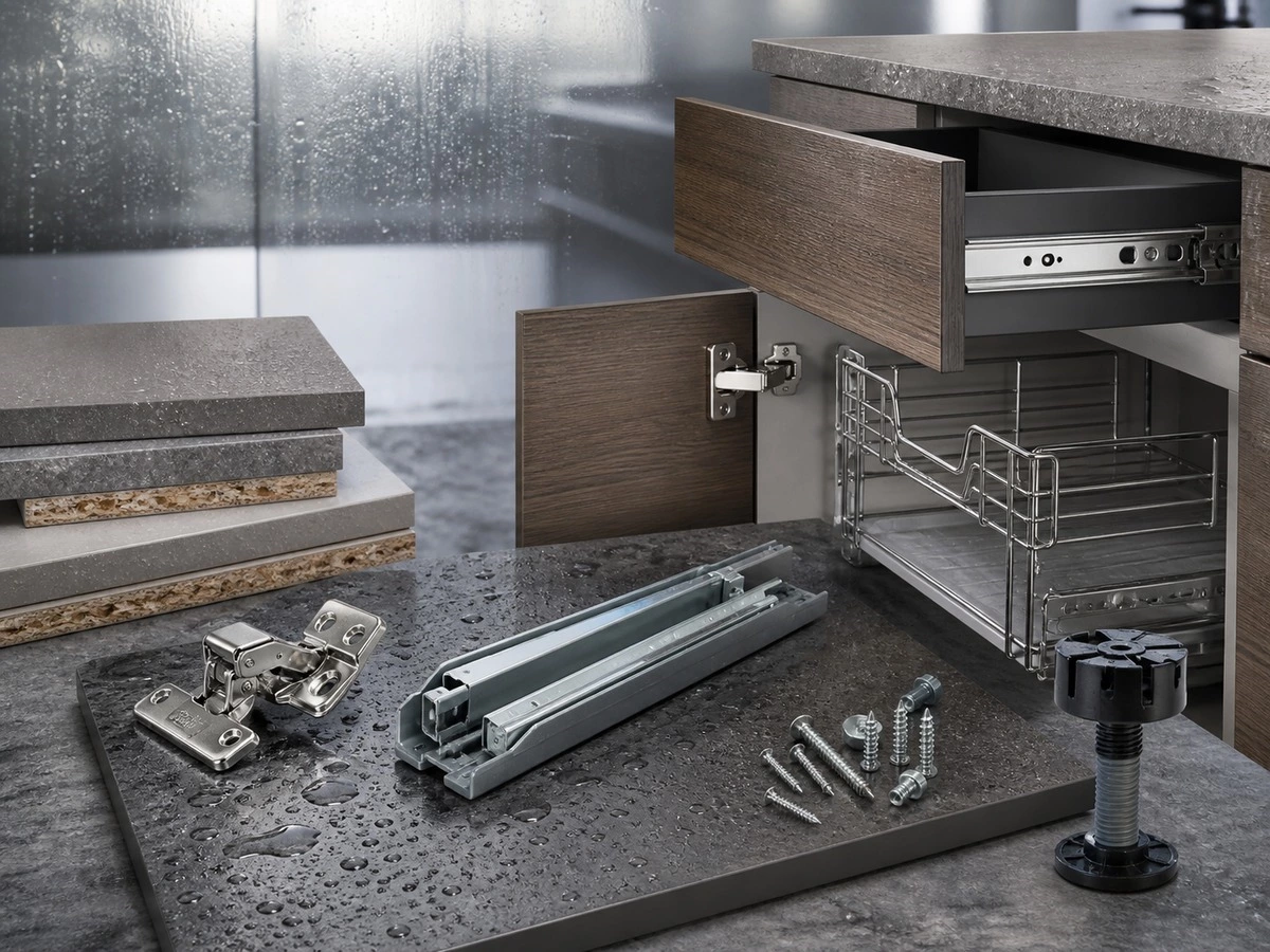 Humidity aware kitchen cabinet hinges drawer slides pull out baskets and adjustable legs