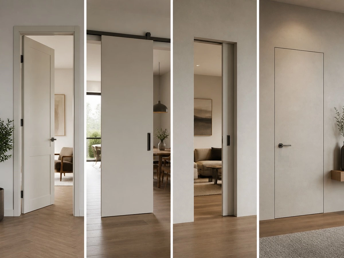 Interior door types and size planning for swing sliding pocket and invisible doors