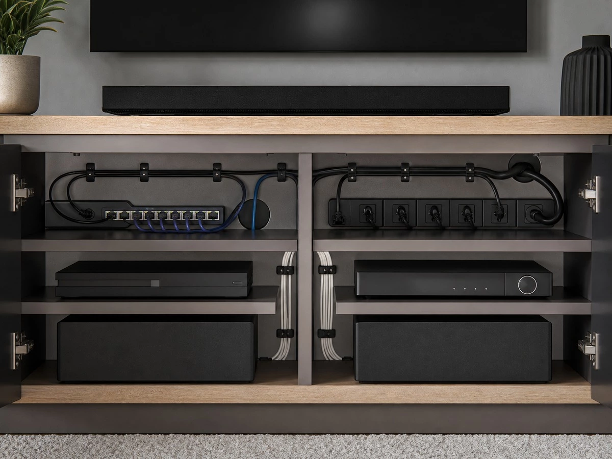 TV wall cabinet cable management for HDMI network power and speaker connections