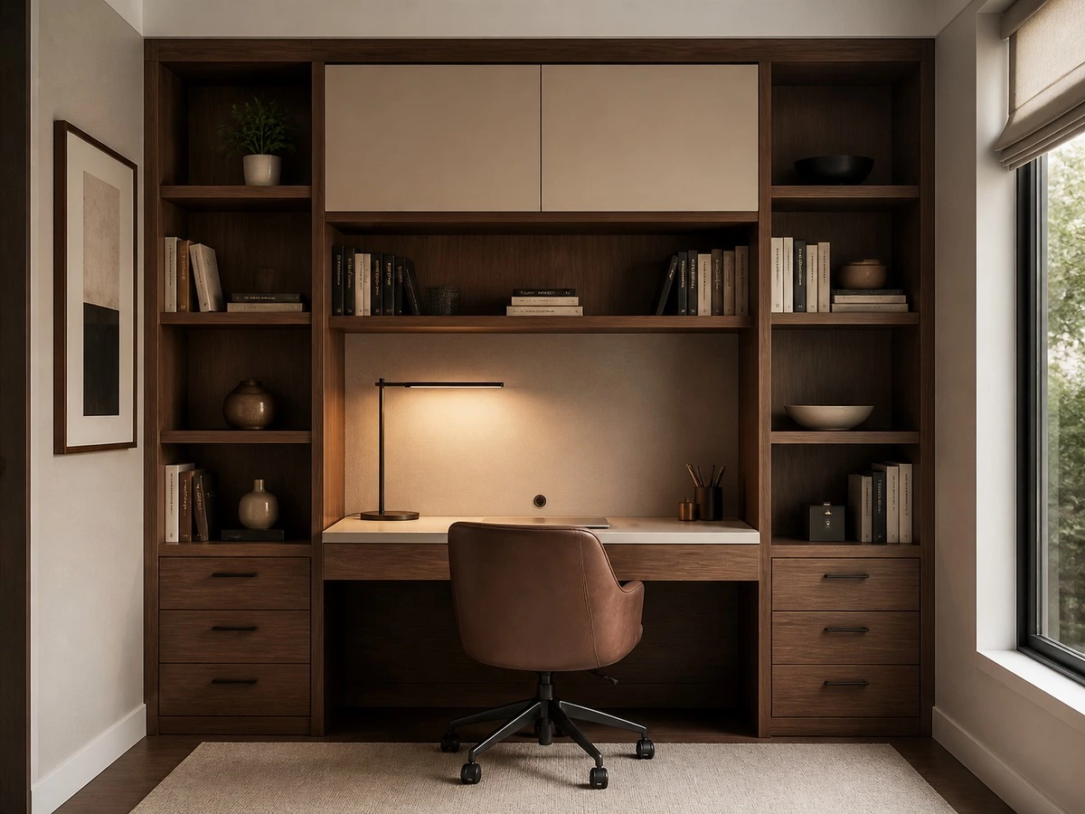 Built in bookcase integrated desk layout with storage lighting and cable planning