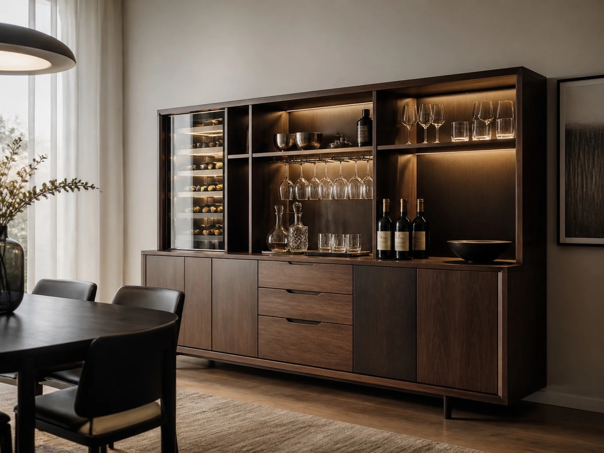 Built in sideboard wine and bar storage with bottles glassware and lighting