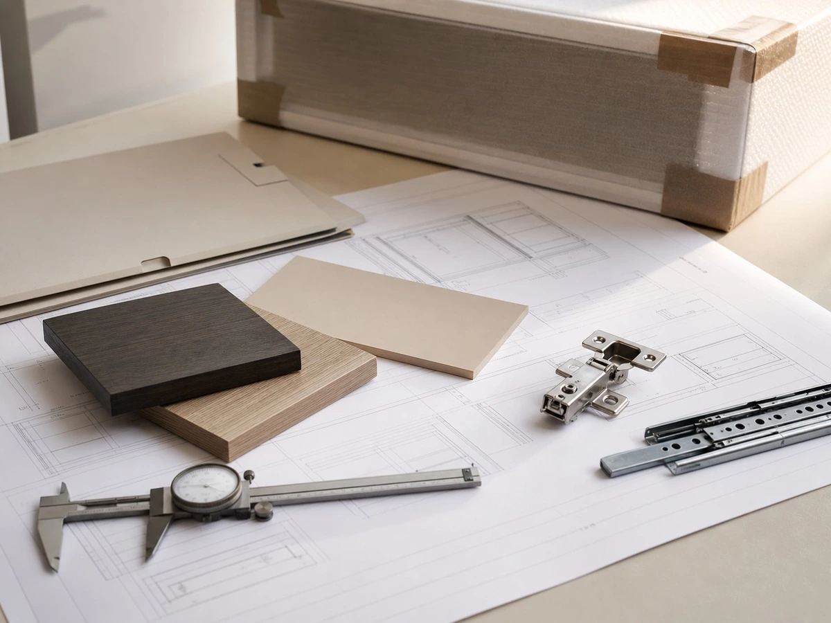 Cabinetry production timeline final review with shop drawings material samples quality checklist packing plan and project documents