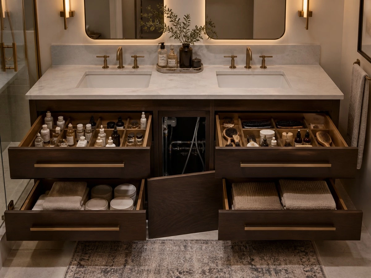 Double vanity drawer storage organization with plumbing service access