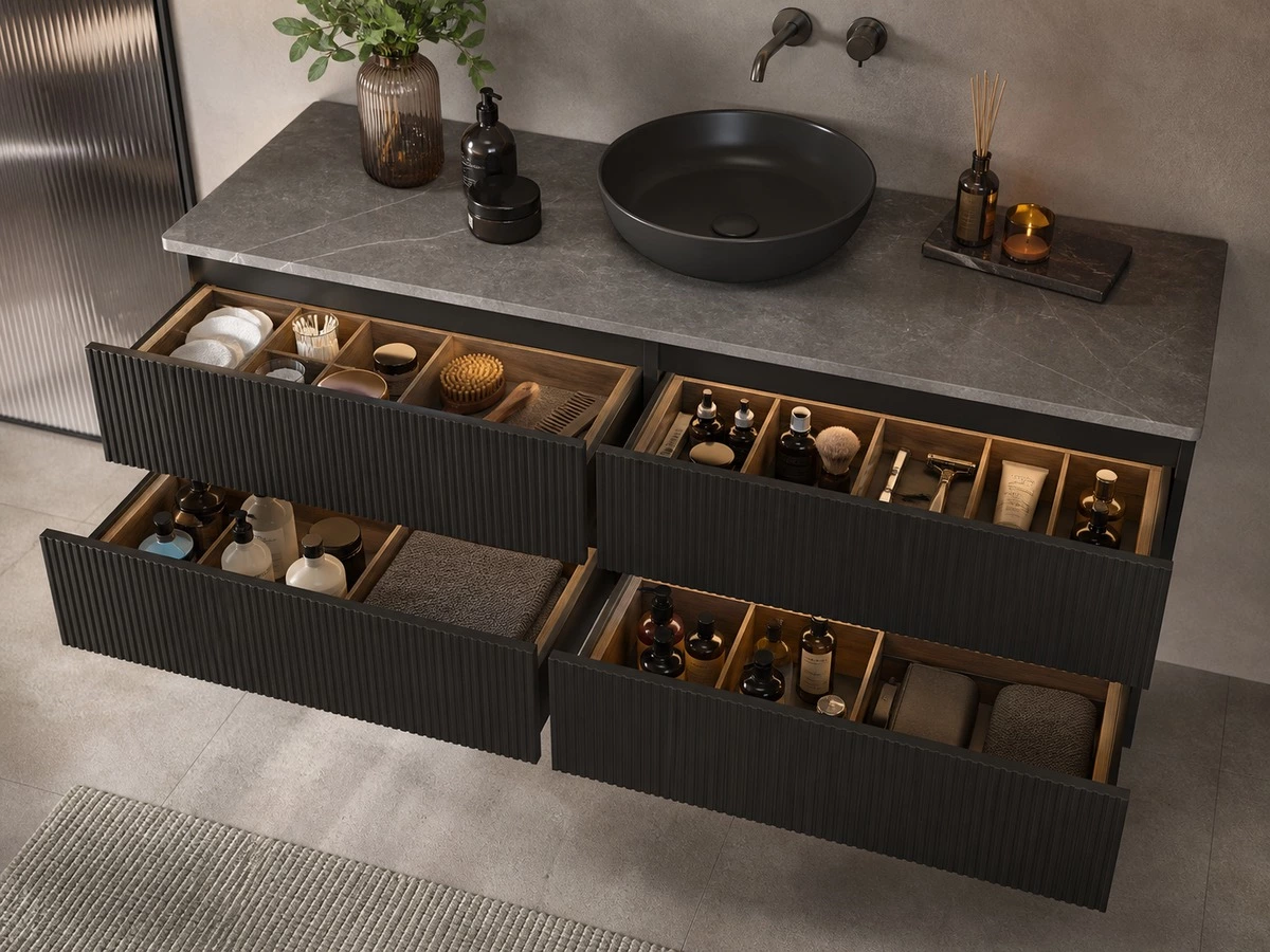 Floating vanity drawer storage organization for toiletries grooming tools and skincare