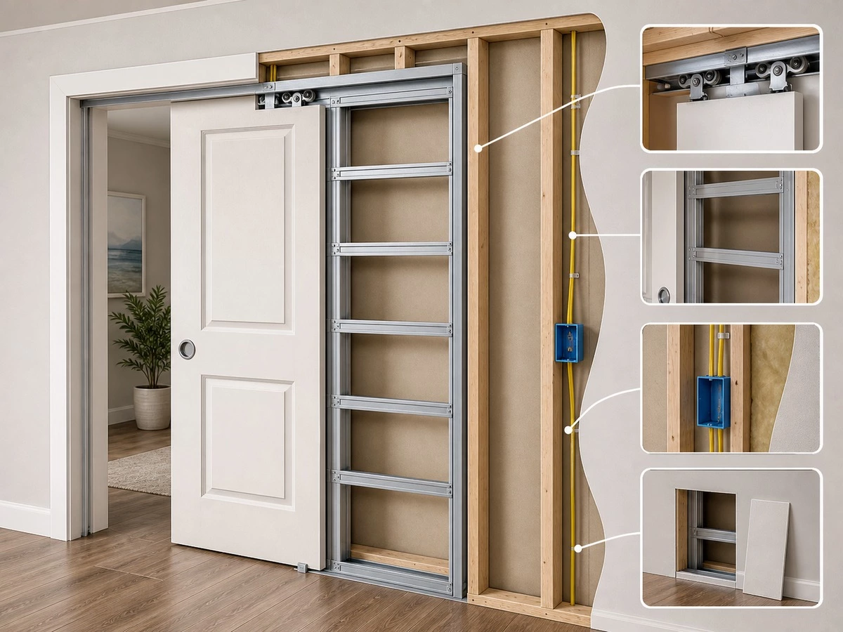 Interior pocket door wall cavity planning with track hardware and wiring clearance