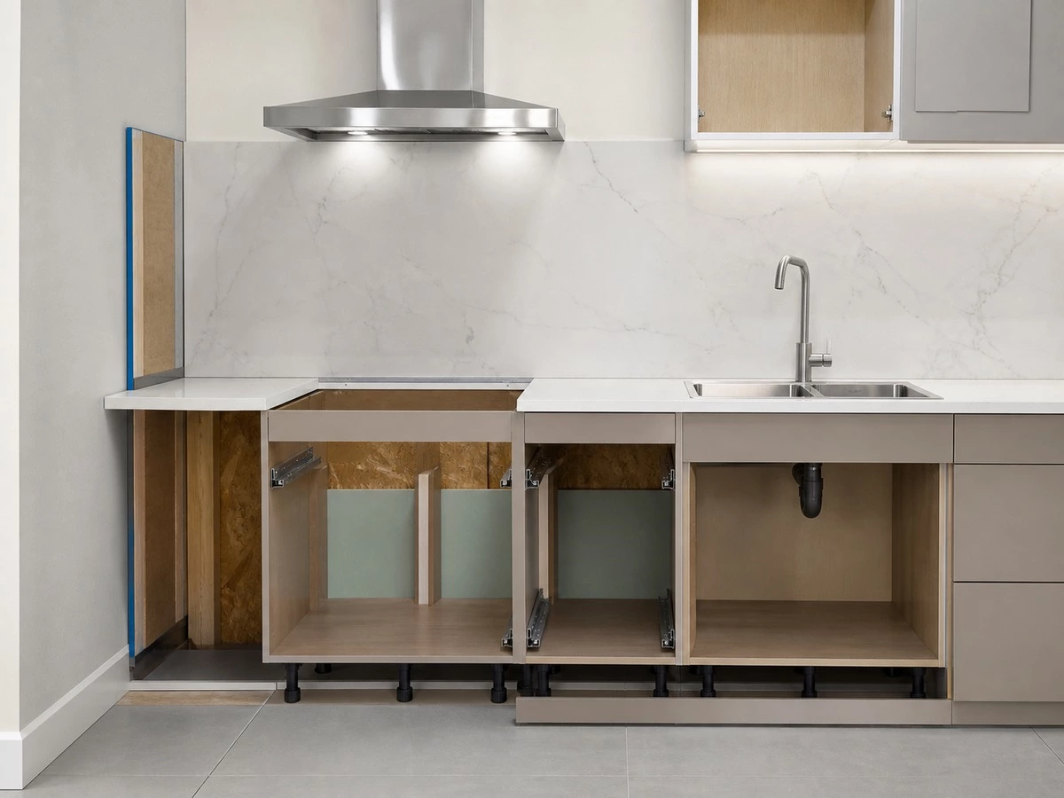 Moisture resistant kitchen cabinet installation with ventilation sink backsplash and toe kick details