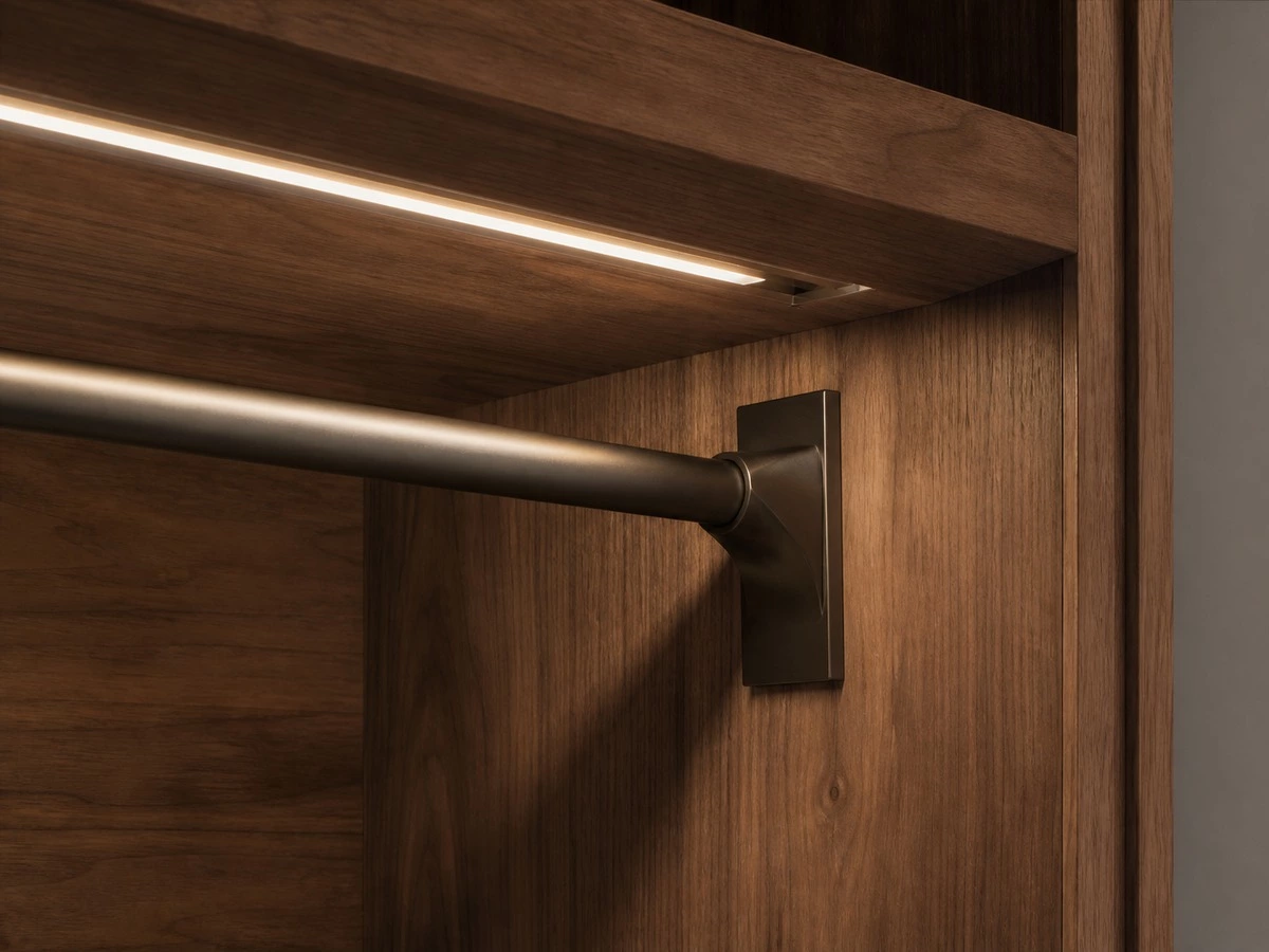 Wardrobe hanging rod bracket cabinet reinforcement and LED lighting detail