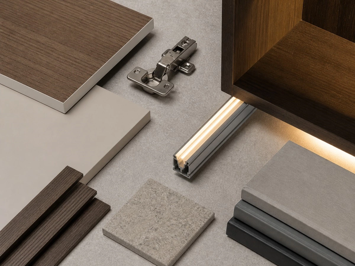 Built in bookcase materials shelf lighting and cabinet edge details