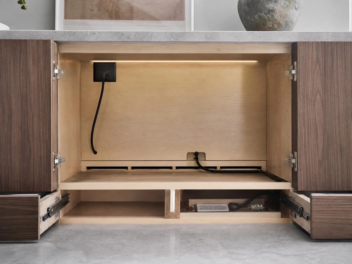 Built in sideboard electrical appliance planning with outlet ventilation and cable access