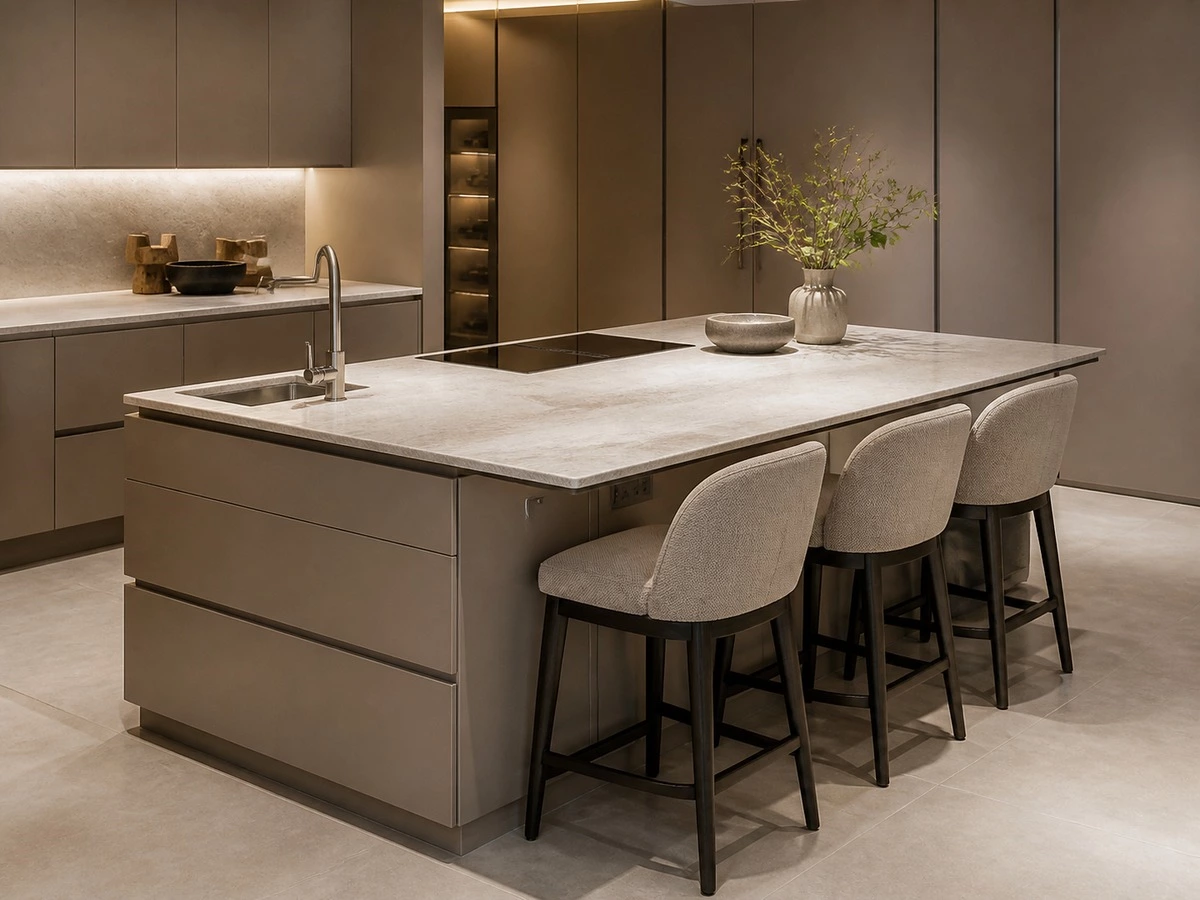 European kitchen island with storage seating and worktop planning