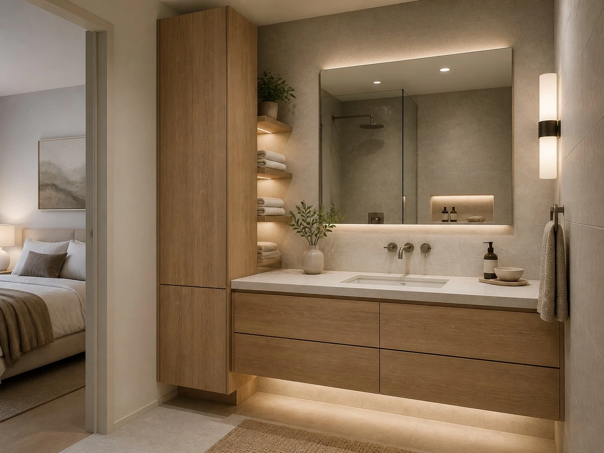 Floating bathroom vanity with tall storage cabinet and towel shelves