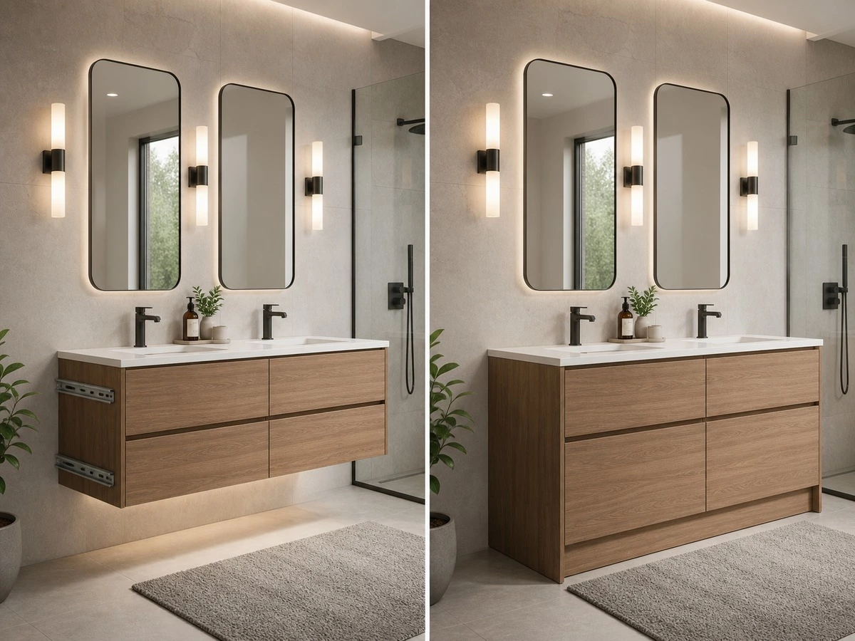 Floating versus floor-mounted double vanity installation comparison