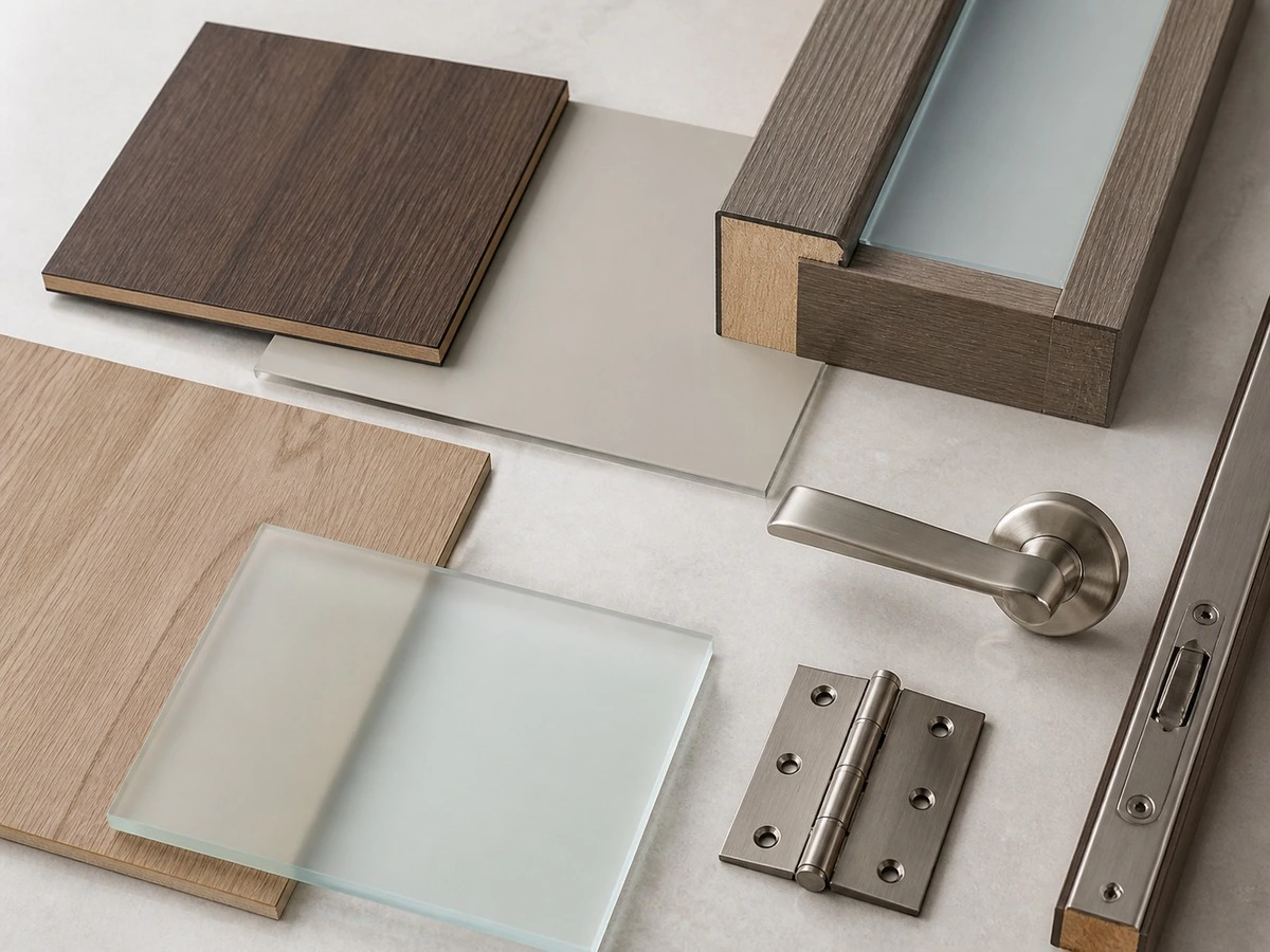 Interior door material and finish samples with veneer lacquer and hardware