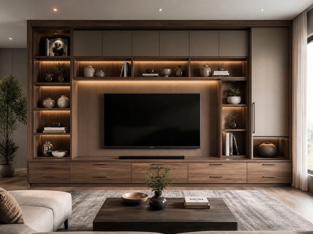 TV wall cabinet with open display storage closed cabinets drawers and lighting