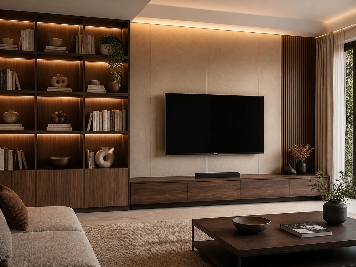 Built in bookcase finish coordination with TV cabinet and wall panels