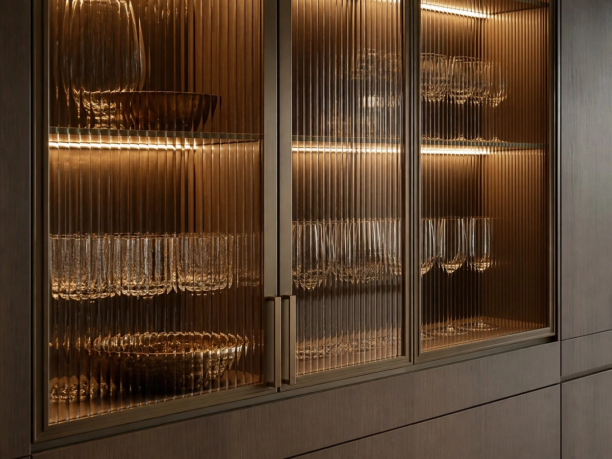 Built in sideboard display cabinet lighting with glass doors and glassware