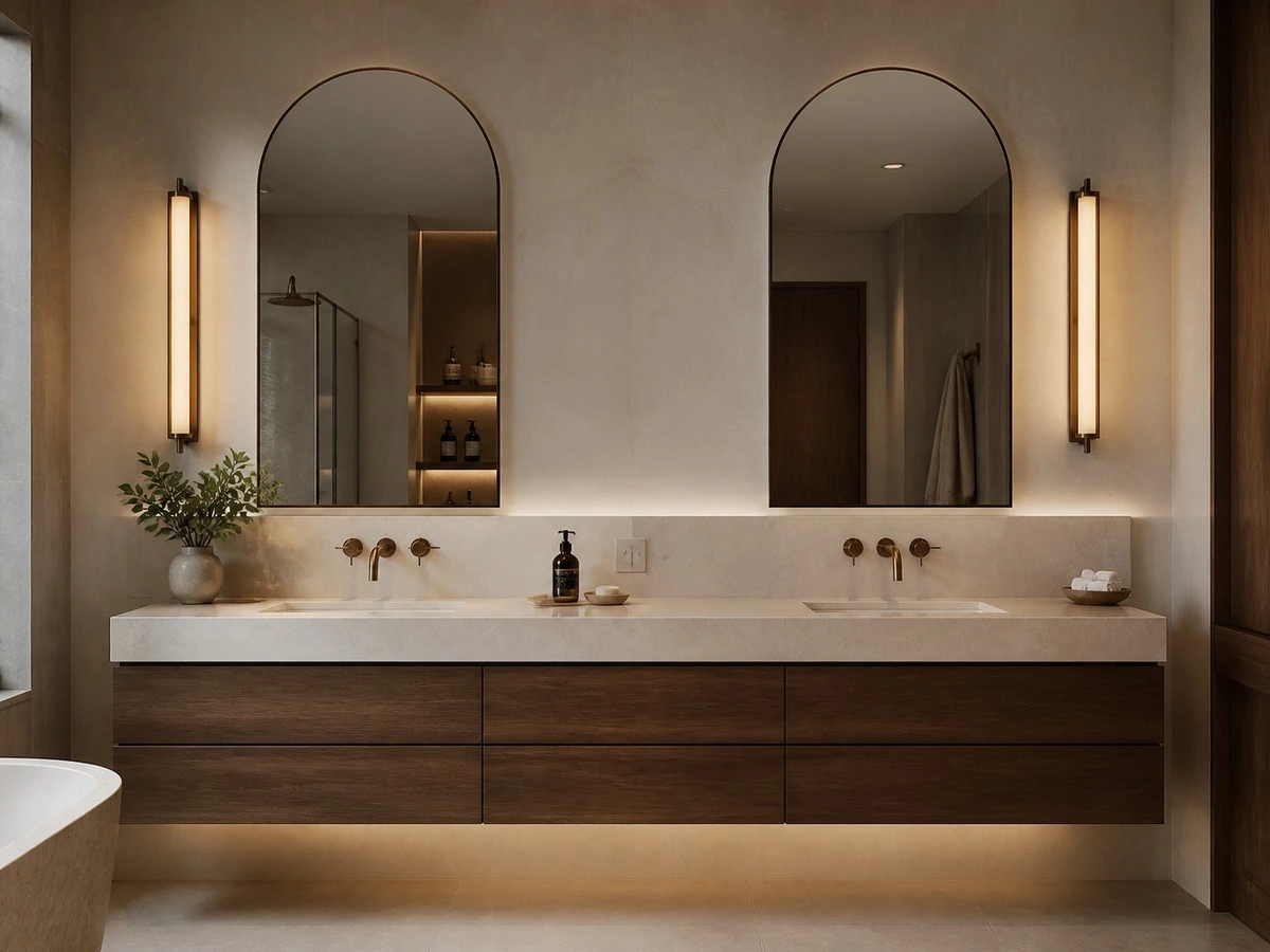 Double vanity mirrors lighting and power coordination for a shared bathroom
