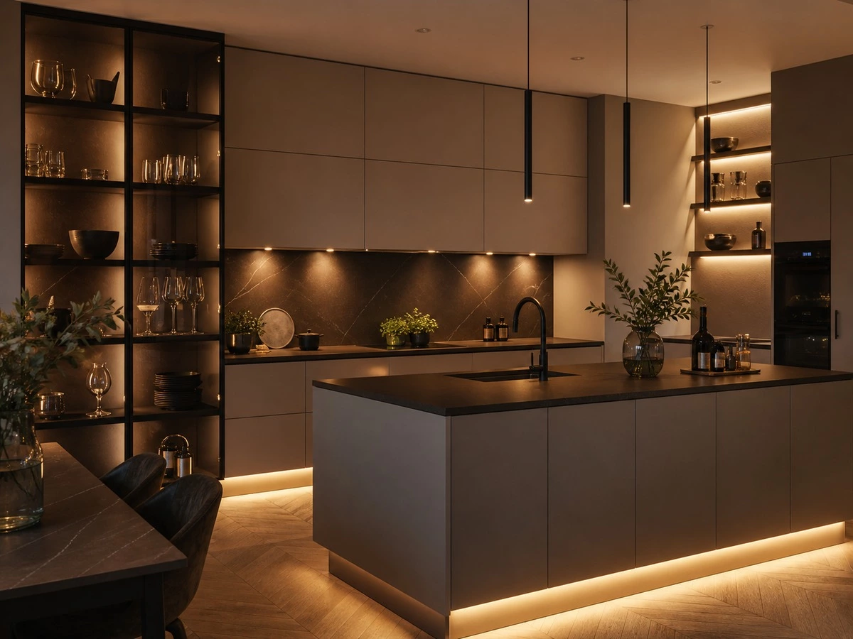 European kitchen cabinet lighting with under cabinet glass shelf and toe kick lights