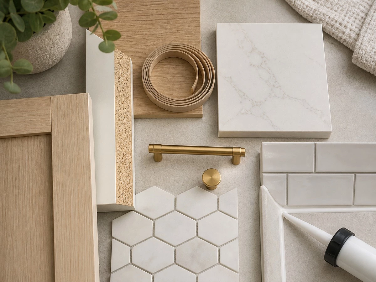 Floating bathroom vanity material and moisture planning with edge banding quartz and tile