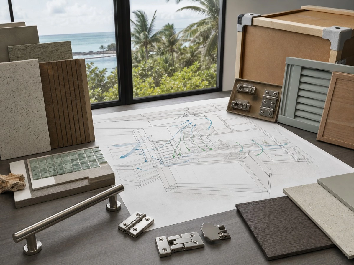 Humid climate kitchen cabinet planning with ventilation hardware material and packing details