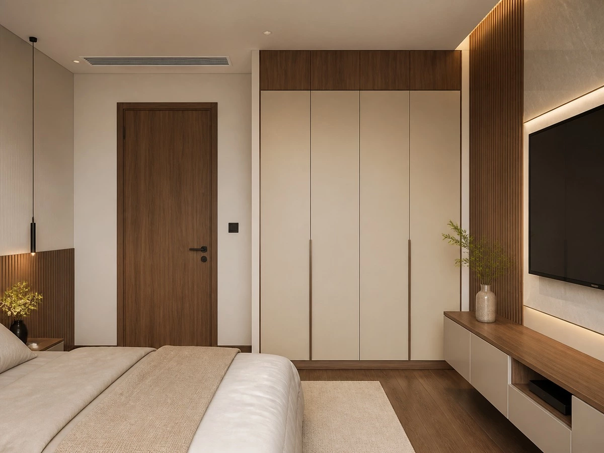 Interior door finish coordination with wardrobe wall panels and cabinetry