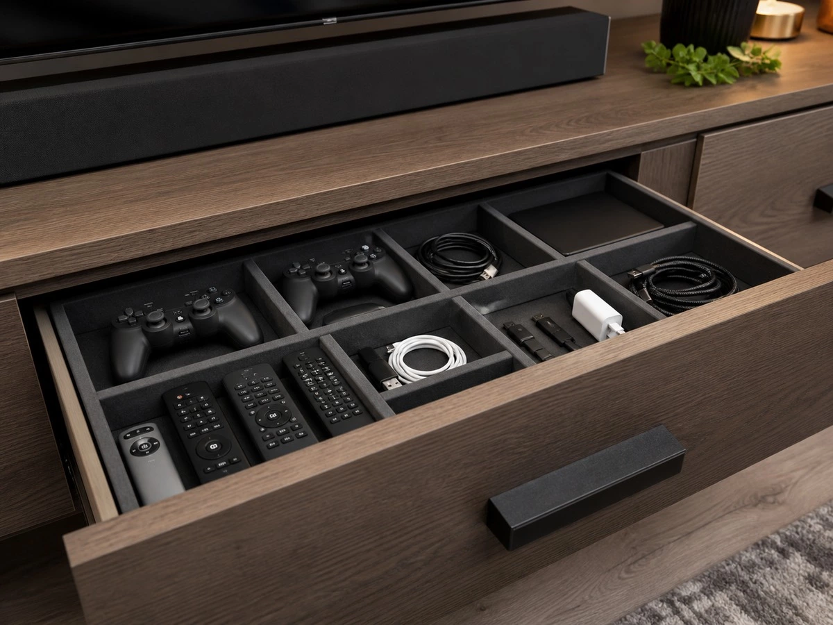 TV wall cabinet drawer organization for remotes gaming accessories and cables