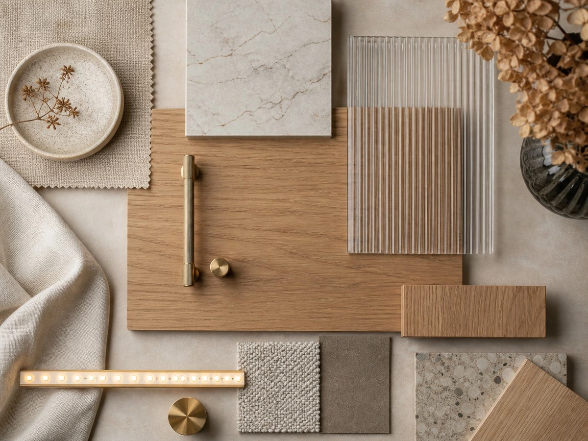 Built in sideboard finish coordination with wood glass stone hardware and lighting samples