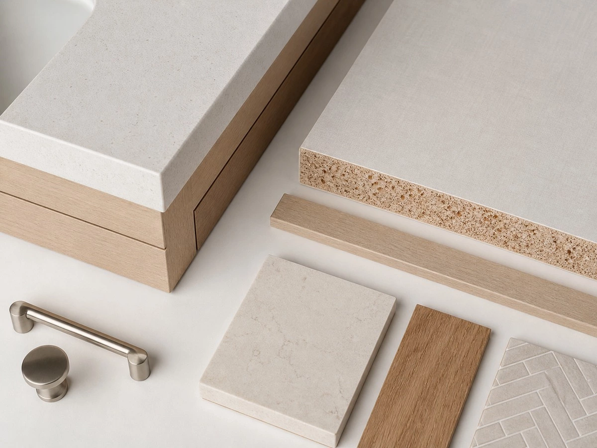 Double vanity material and moisture planning with tall bathroom storage cabinet