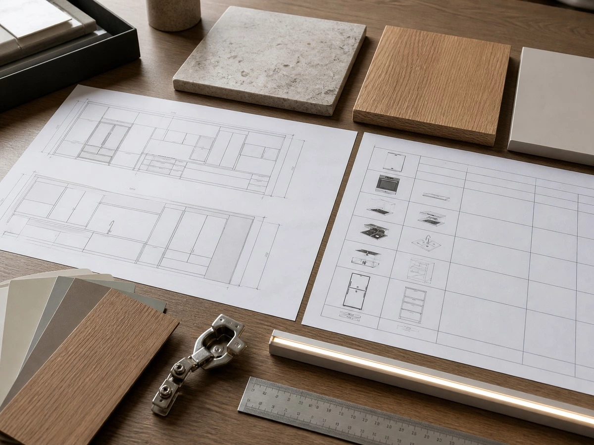 European kitchen cabinet project planning checklist with drawings appliances and materials