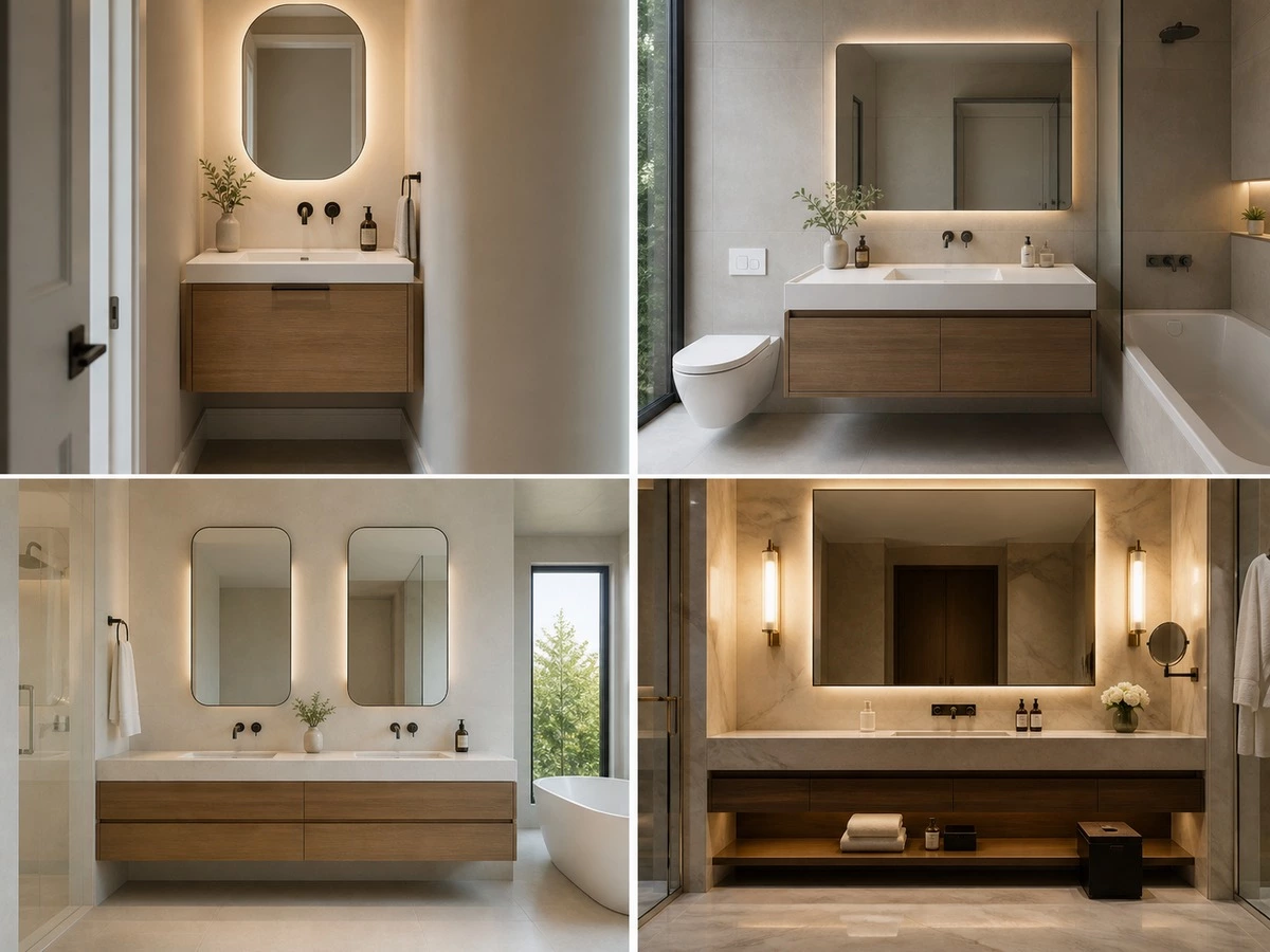 Floating bathroom vanity layouts for powder room family double vanity and hotel bathroom