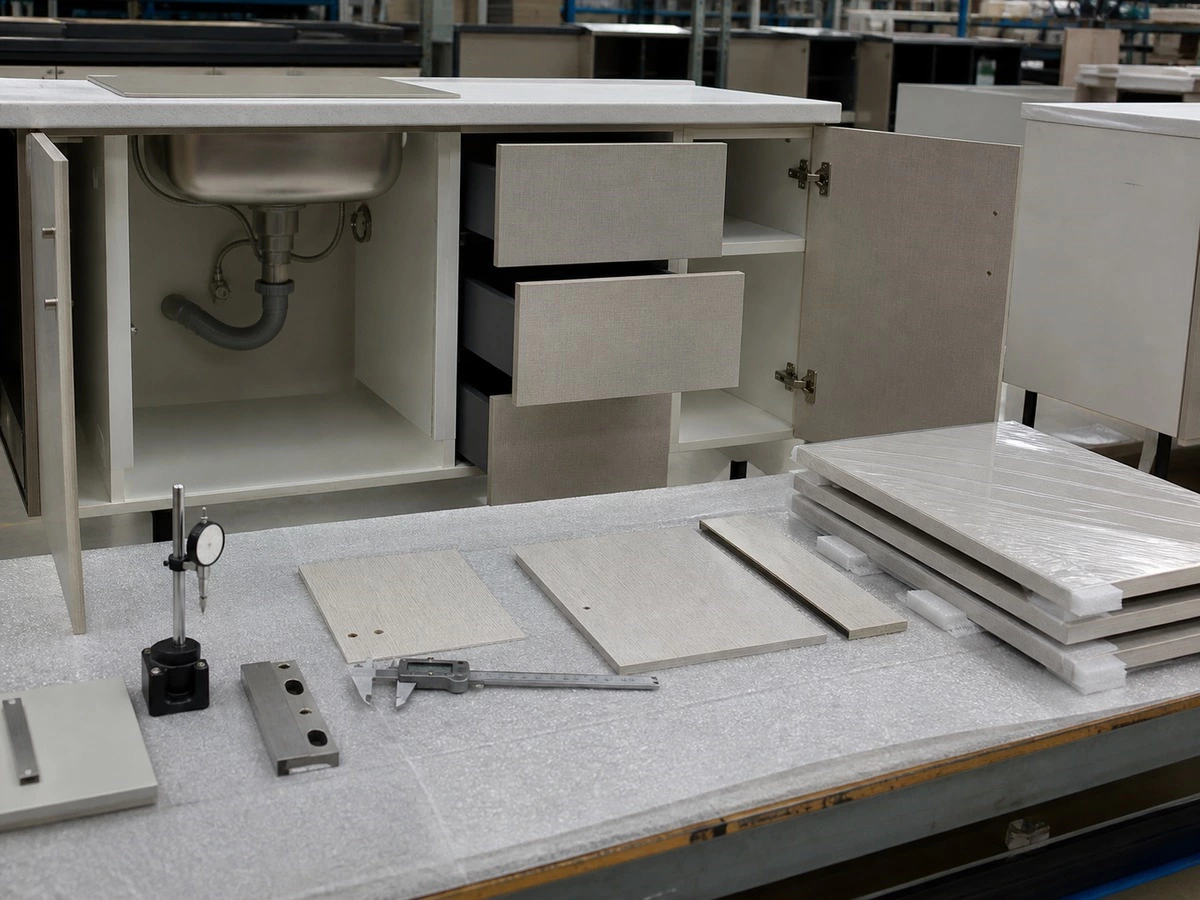 Moisture resistant kitchen cabinet factory quality control for panels edges and sink bases