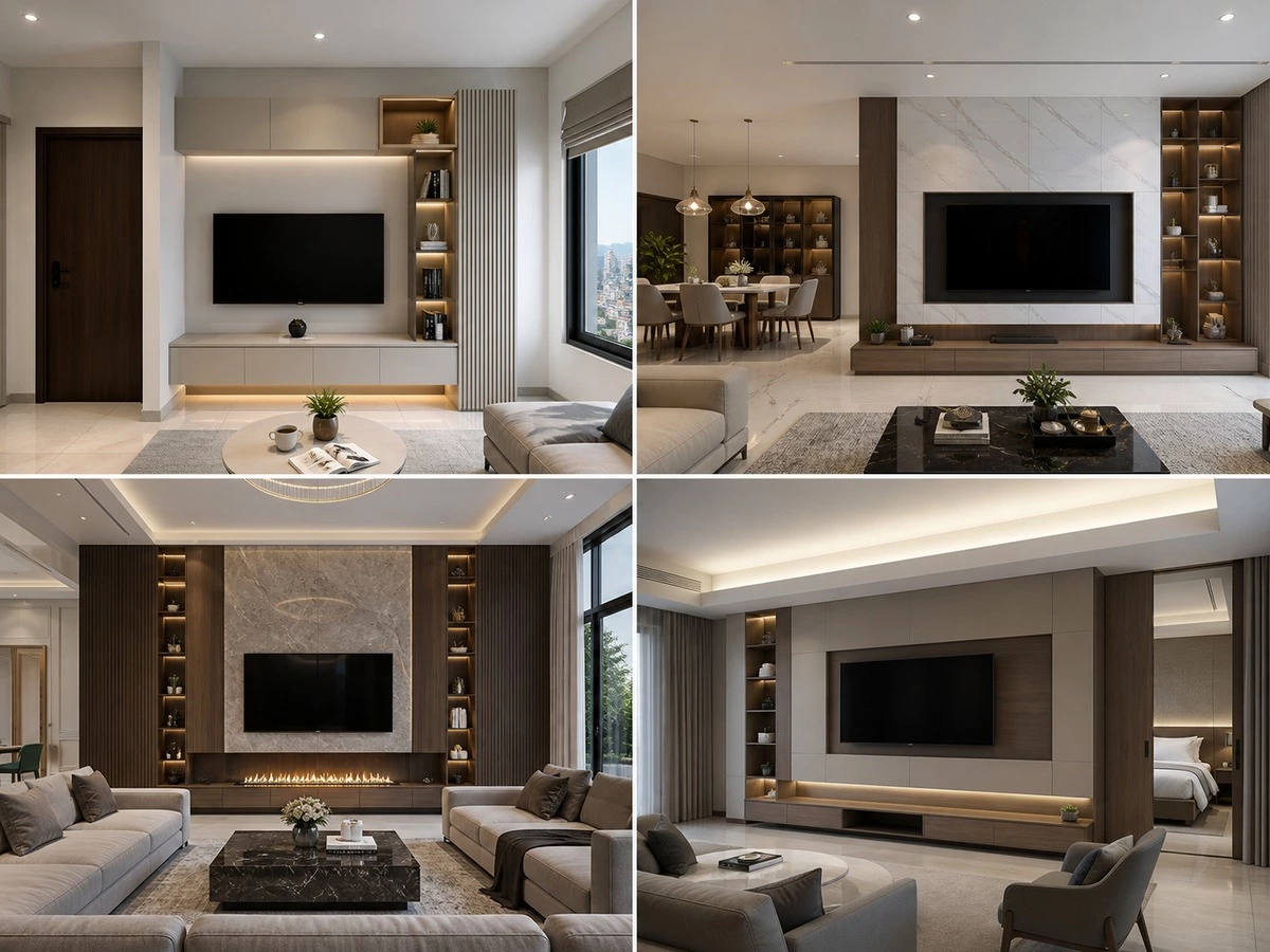TV wall cabinet layouts for apartment open plan villa and hospitality projects