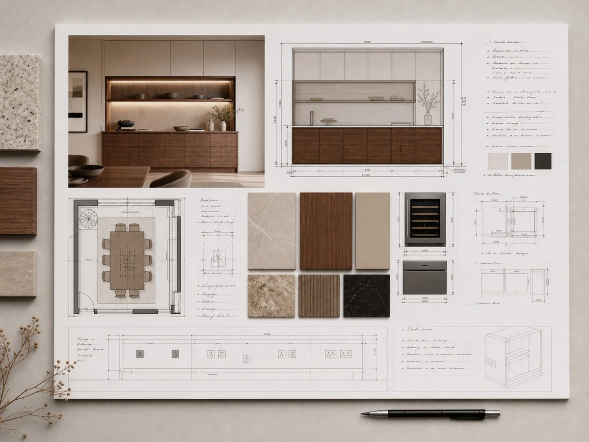 Built in sideboard regional project planning with materials appliances and cabinet drawing