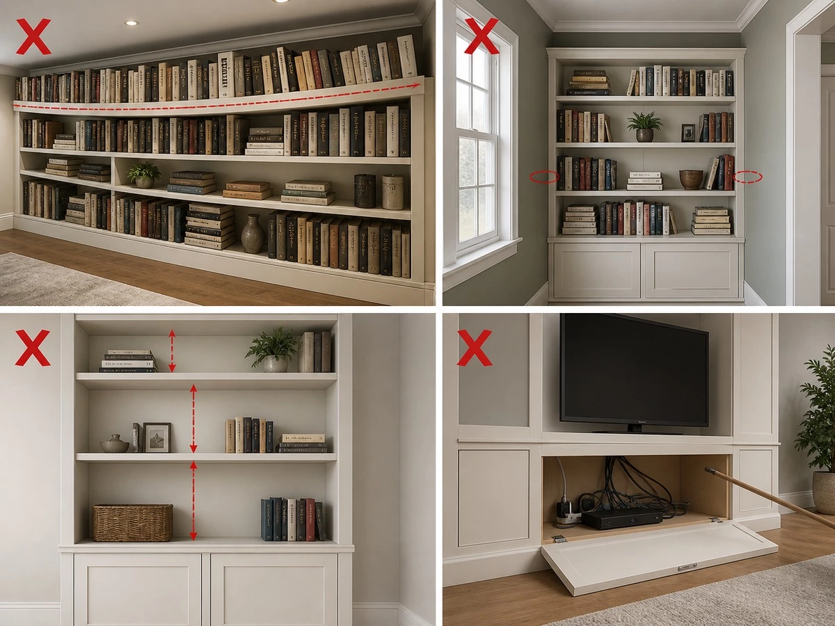 Common built in bookcase dimension mistakes in shelf spacing wall clearance and cable access