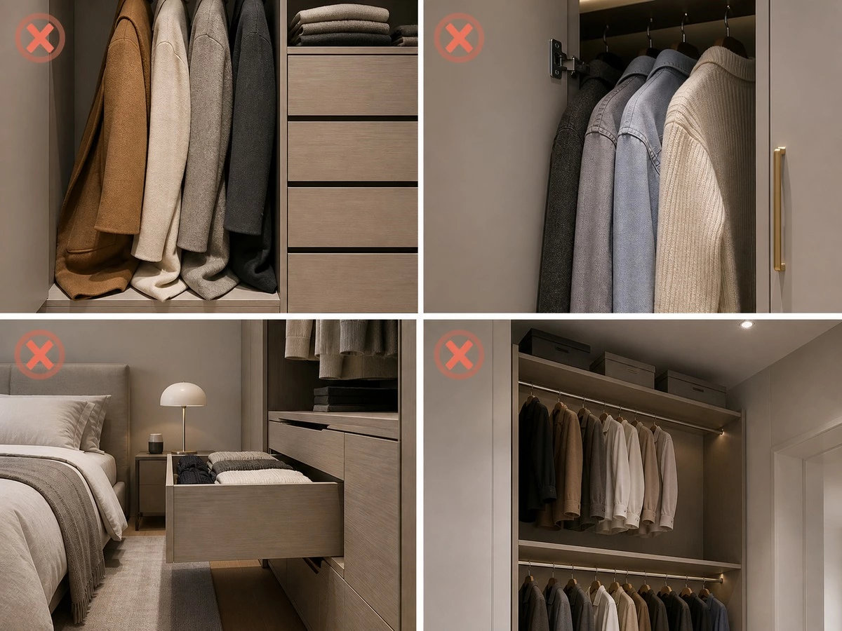 Common wardrobe hanging space mistakes including blocked drawers and shallow depth