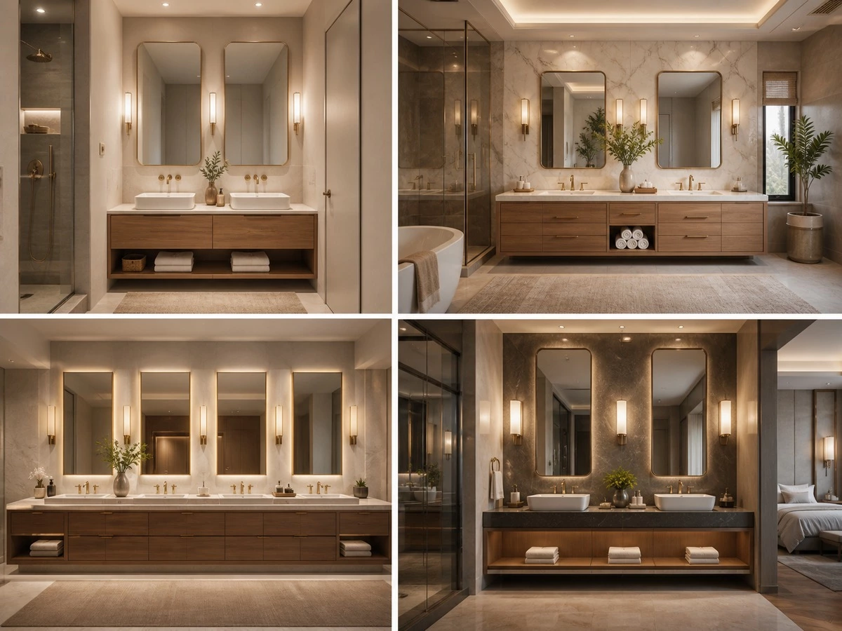 Double vanity layouts for compact apartment master bathroom villa and hotel projects