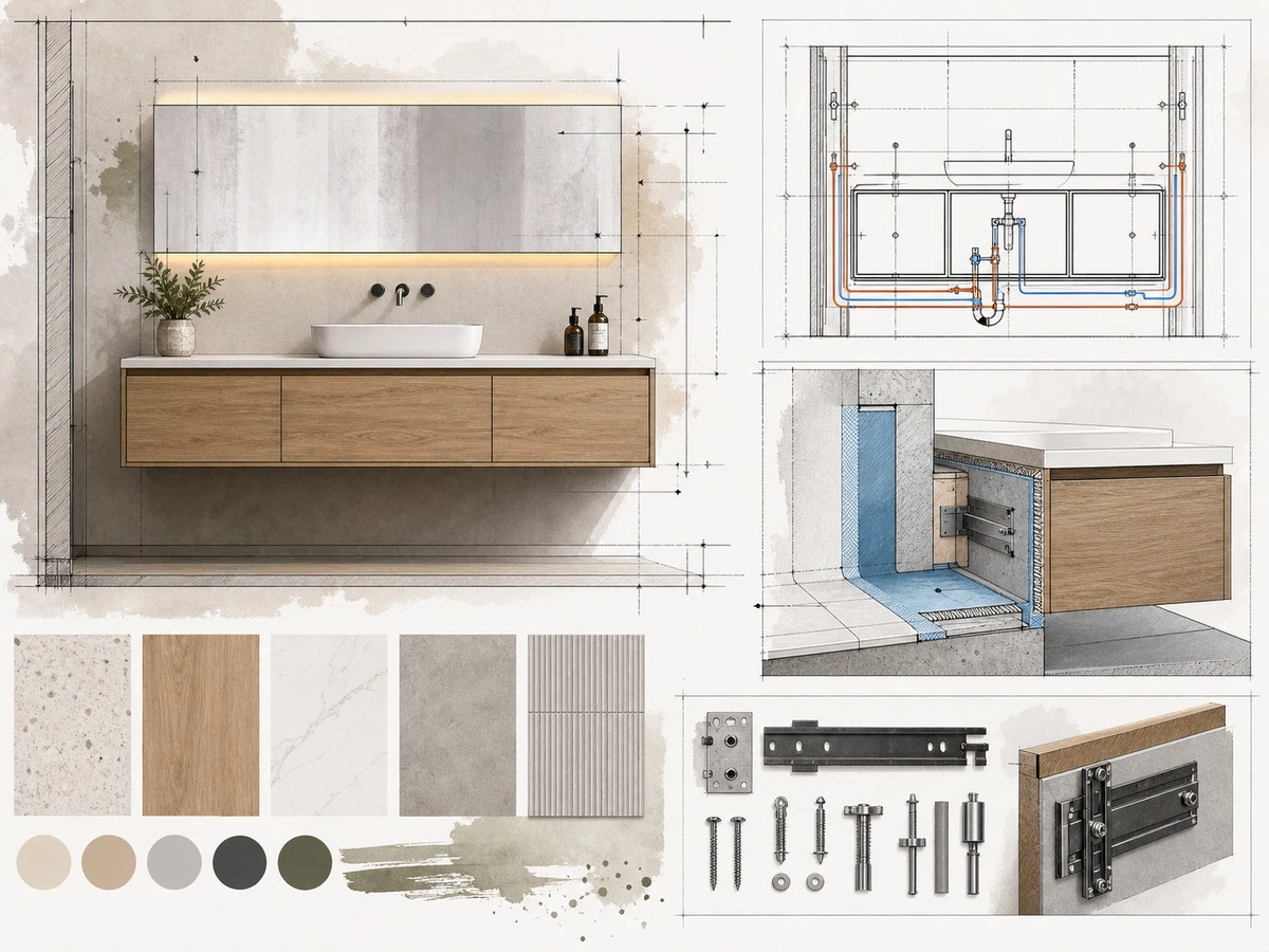 Floating bathroom vanity regional project planning with plumbing waterproofing and materials