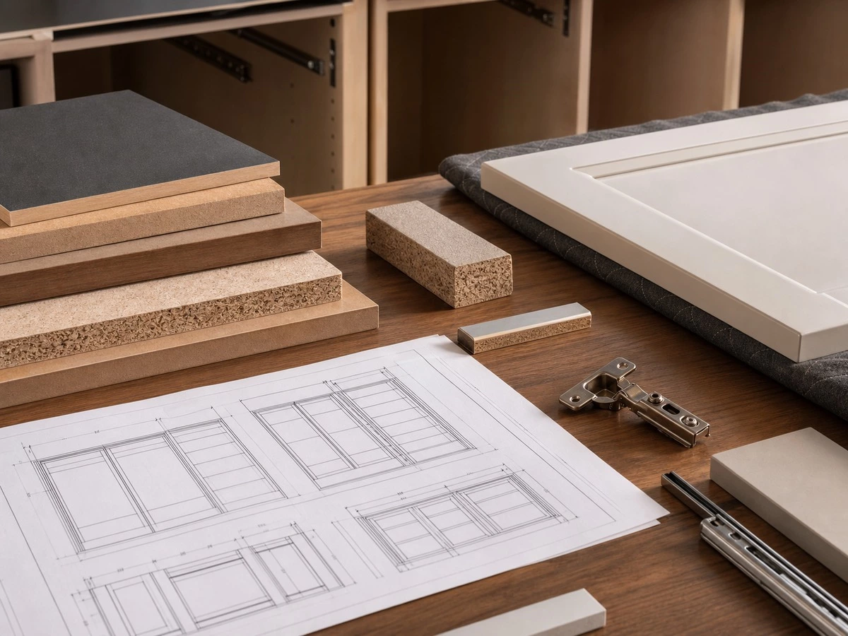 Final kitchen carcass material project review with cabinet samples and technical drawings