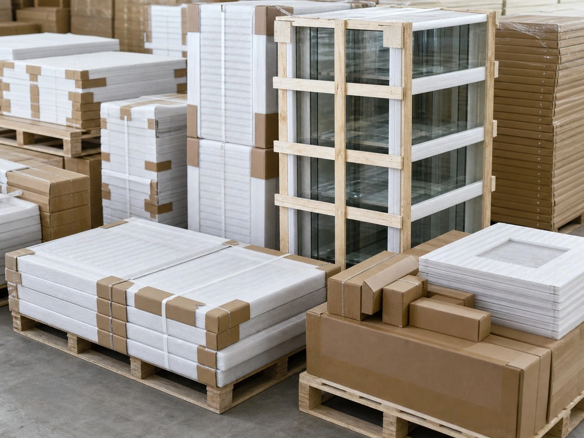 Moisture resistant kitchen cabinet export packing for protected panels hardware and glass